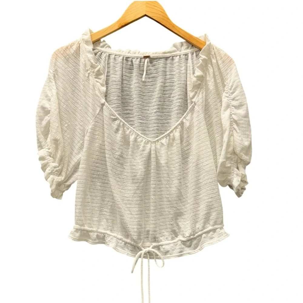 Free People Dorothy Top Womens Medium Ruffle Neck Puff Sleeve White Peasant Boho